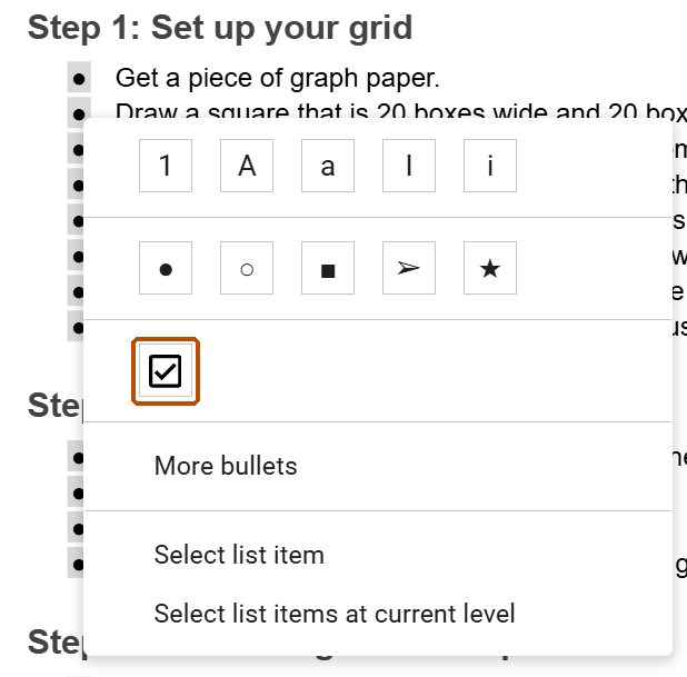 Right-clicking a bullet in Google Docs opens a list menu, with the checkbox option outlined