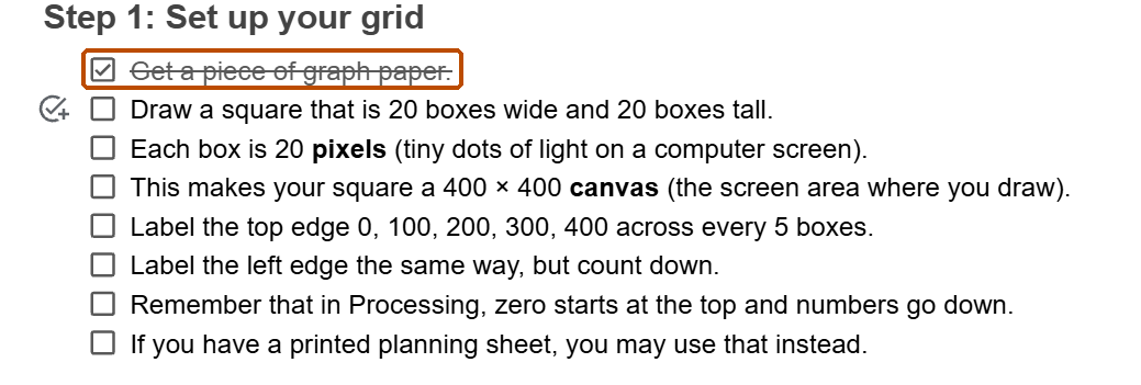 A checklist in Google Docs: the first step, Get a piece of graph paper, is checked, crossed out, and outlined