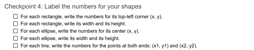 The revised Checkpoint 4: one requirement per checkbox, coordinates as plain text, but no sentence explaining corner versus center