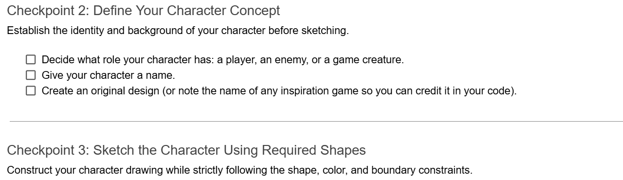 Gemini's checkpoints in formal language: Define Your Character Concept, establish the identity and background of your character, construct your character drawing while strictly following the shape, color, and boundary constraints