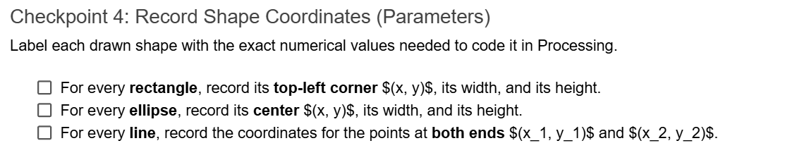 Gemini's Checkpoint 4, with coordinates written as math code like dollar sign x comma y dollar sign, and the title Record Shape Coordinates (Parameters)