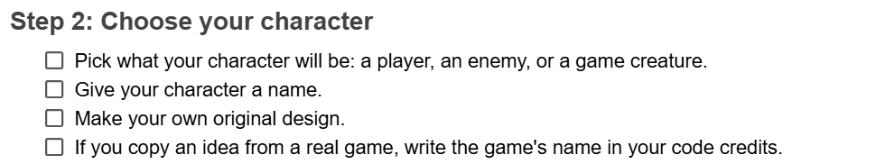Gemini's Step 2 checklist, ending with: If you copy an idea from a real game, write the game's name in your code credits