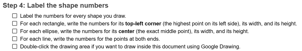 Gemini's Step 4 checklist: write the top-left corner of each rectangle, the center of each ellipse, and both ends of each line